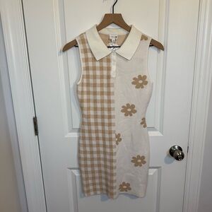 Le Lis Anthropolgie Flower‎ Checkered Beige Body Con Dress Size Small Hippie Wmn
